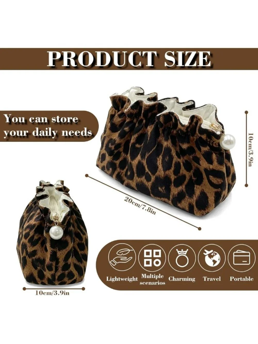 Cute Leopard Makeup Bag for Women, Travel Toiletry Organizer, Aesthetic Cosmetic